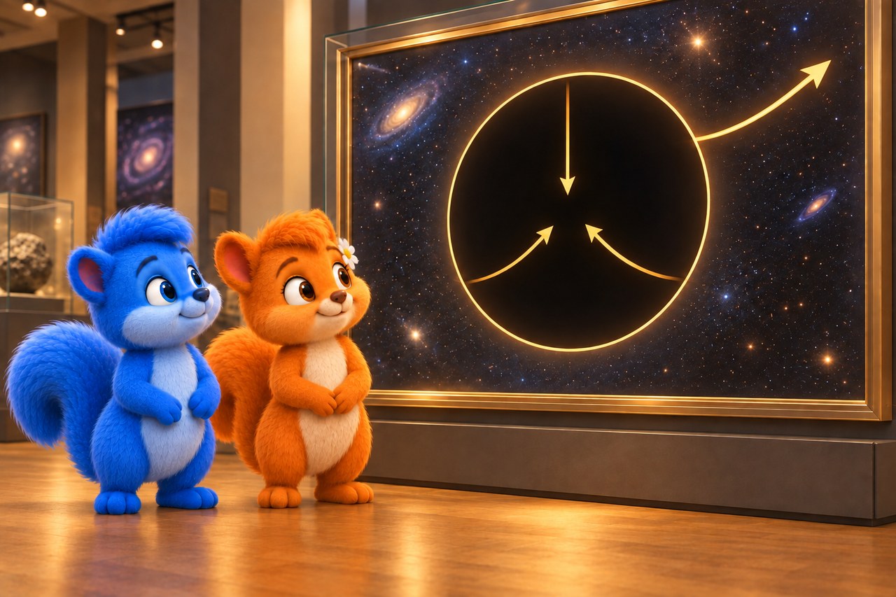 Puschel und Flauschi im Museum. Museumsbild: innen führen Lichtwege nach innen, außen ist ein Weg nach draußen gezeigt.