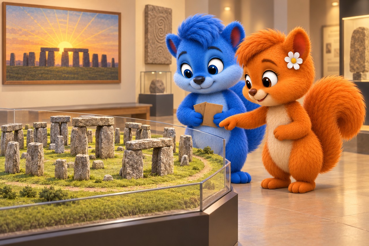 Gleich große Wusels betrachten ein künstlerisches Stonehenge-Modell im Museum.