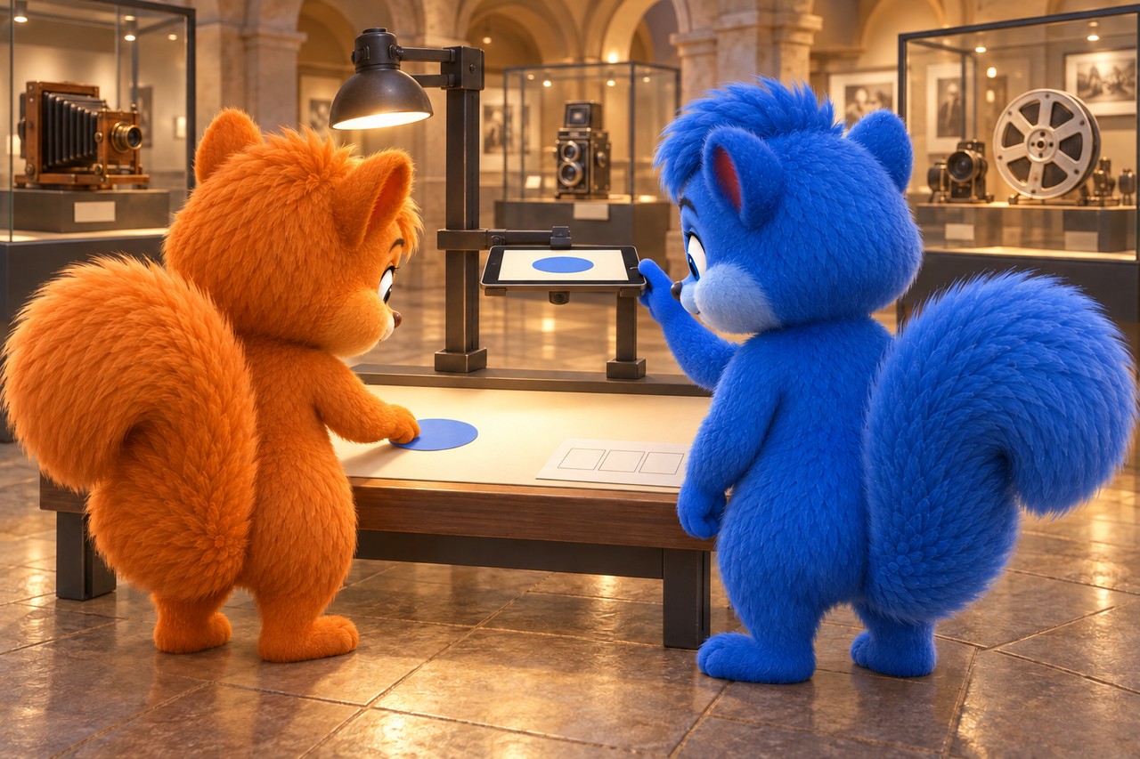 Puschel und Flauschi arbeiten an einer Stop-Motion-Mitmachstation im Museum mit einem blauen Papierkreis und einer befestigten Kamera.