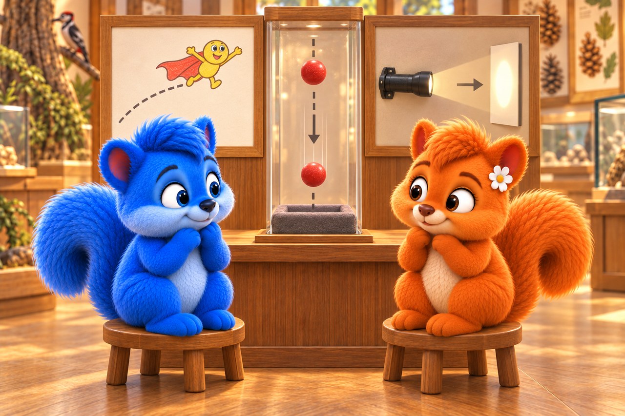 Puschel und Flauschi im Museum. Erfundene Flugfigur, fallender Ball und Taschenlampe zum Vergleich von Fantasie und Wirklichkeit.