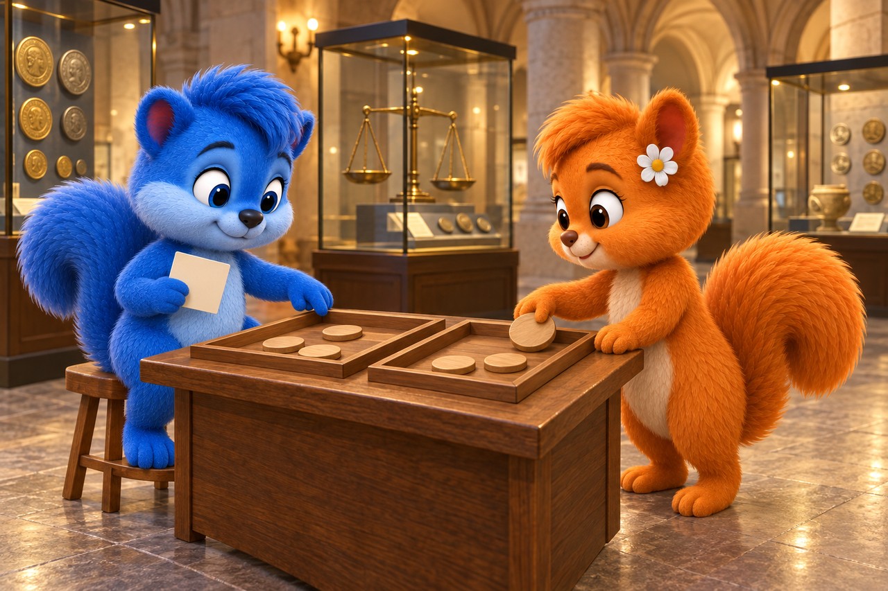 Puschel und Flauschi sortieren große Übungsmarken an einer Station im Geldmuseum.