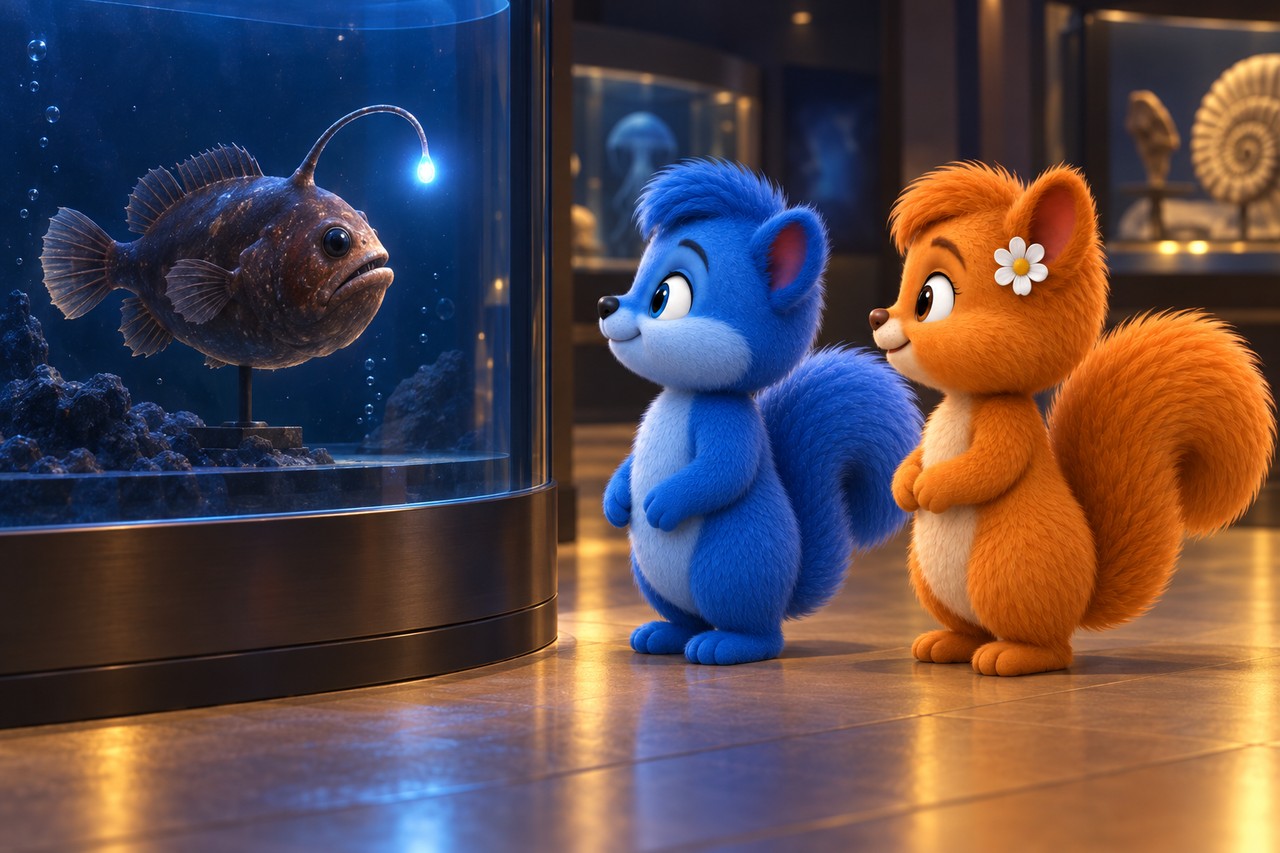 Gleich große Puschel und Flauschi betrachten im Museum ein Modell eines weiblichen Tiefsee-Anglerfisches mit leuchtendem Köder.