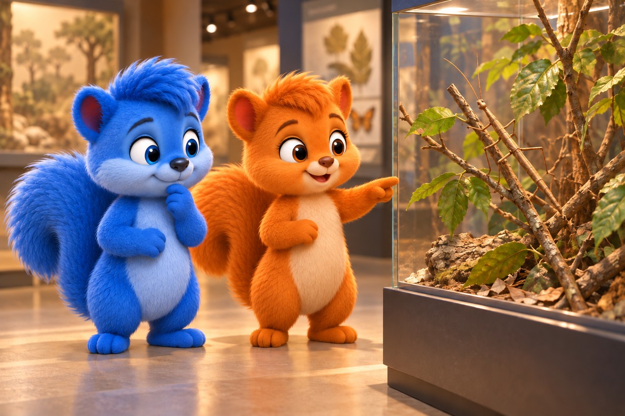 Die gleich großen Puschel und Flauschi betrachten im Museum eine Stabschrecke zwischen Zweigen und Blättern.