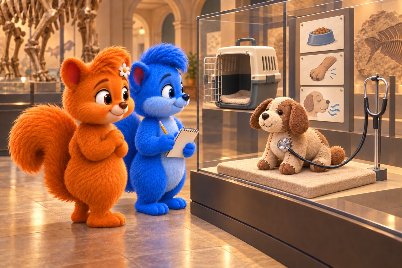 Puschel und Flauschi im Museum. Tierarzt-Lernstation mit Stoffhund, Bruststück eines Stethoskops und Transportbox.