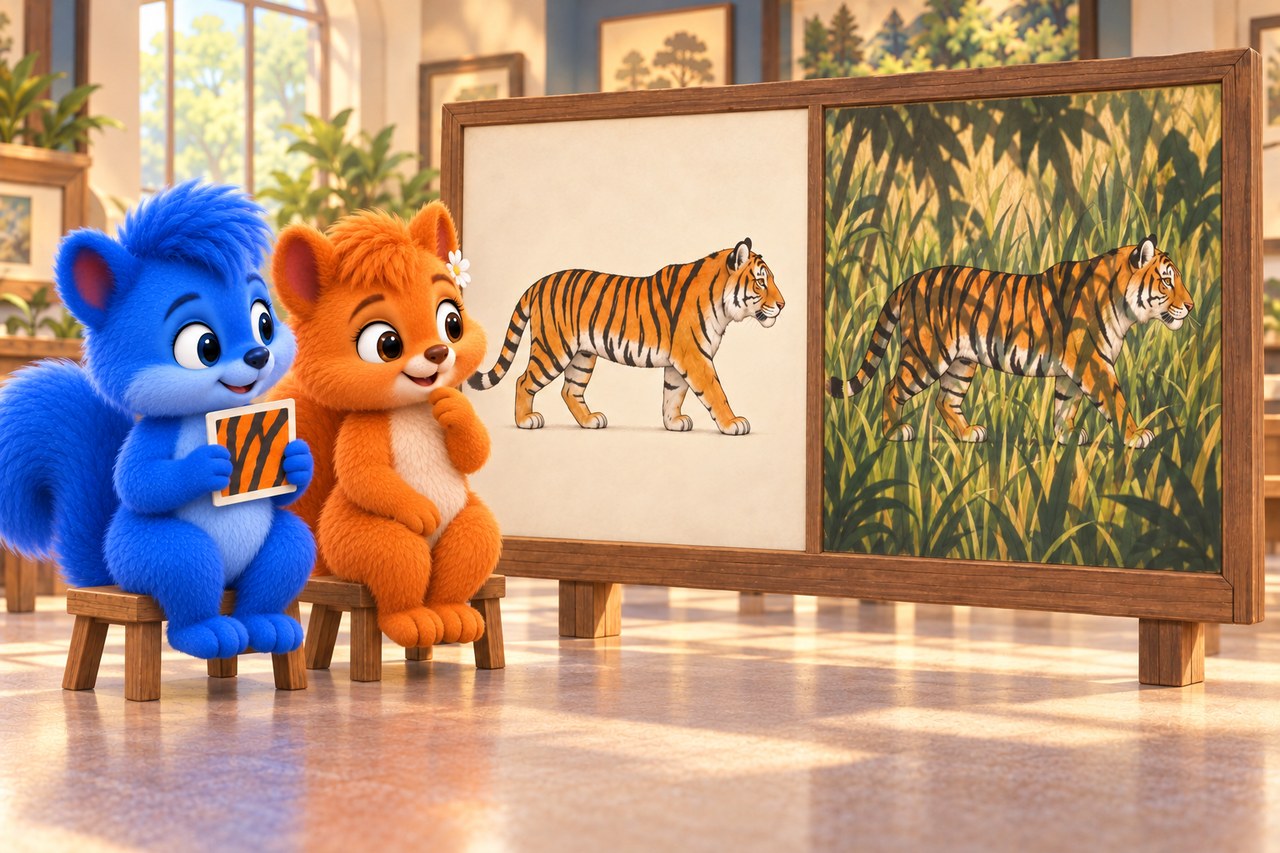 Puschel und Flauschi im Museum. Derselbe Tiger vor ruhigem Hintergrund und zwischen Pflanzen und Schatten.