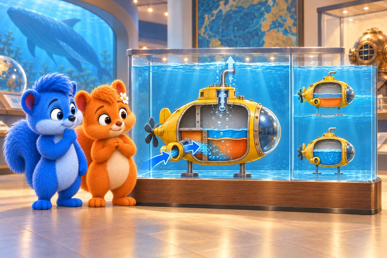 Puschel und Flauschi im Museum. U-Boot-Schnittmodell mit Wasser im Ballasttank und entweichender Luft.