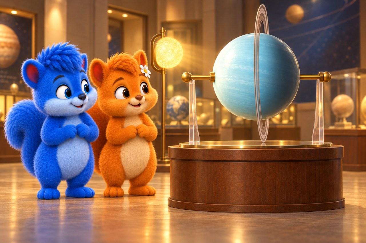Puschel und Flauschi im Museum. Uranusmodell mit stark gekippter Achse, Ringebene und Sonnenlicht von der Seite.