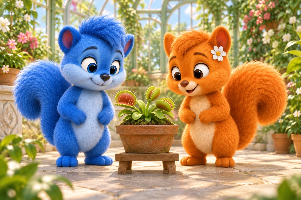 Puschel und Flauschi stehen gleich groß neben einem Topf mit Venusfliegenfallen in einem botanischen Garten.