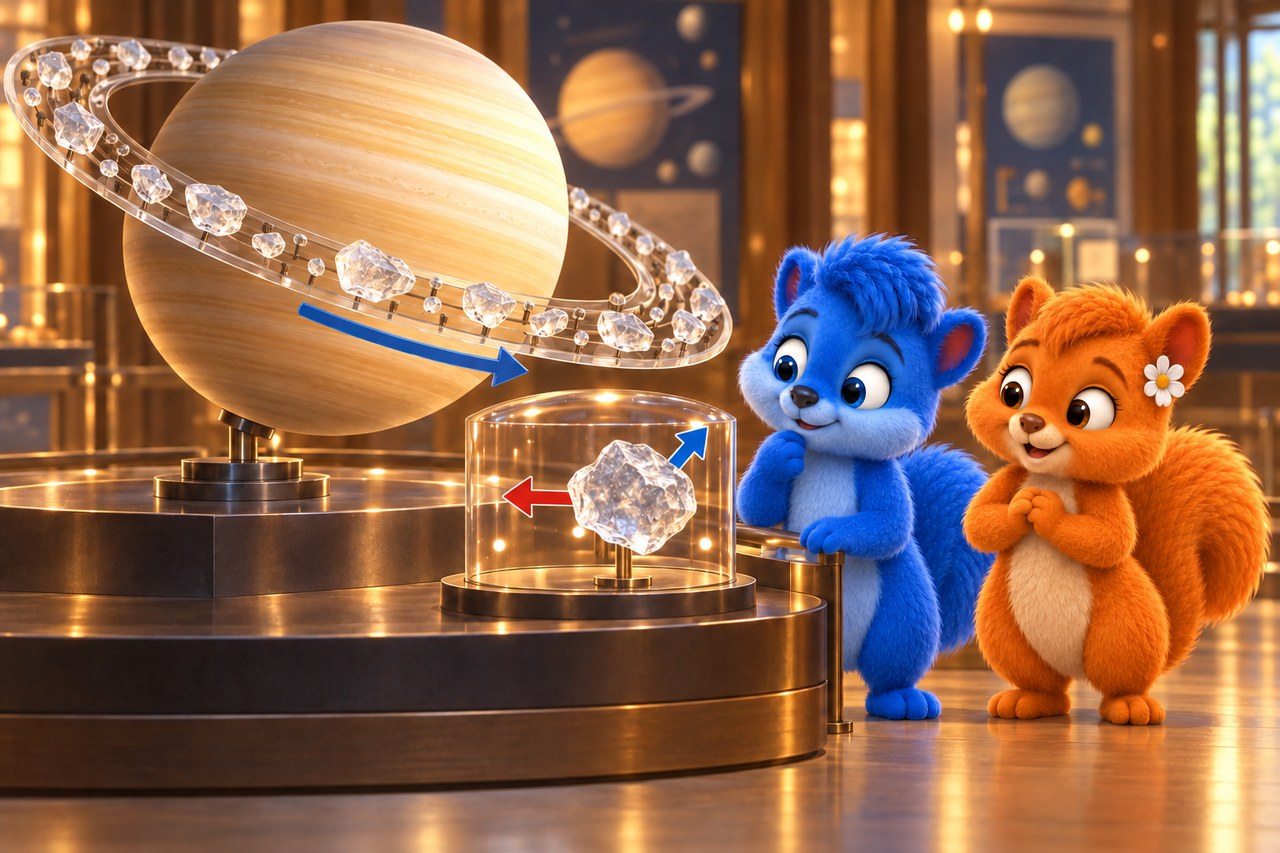 Puschel und Flauschi im Museum. Saturnmodell mit getrennten Ringstücken und Pfeilen für Bewegung und Anziehung.