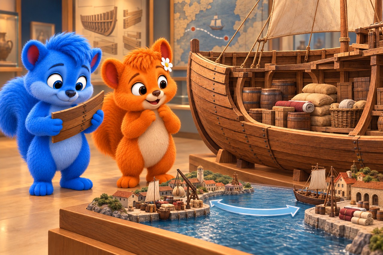 Puschel und Flauschi im Museum. Schiffsmodell mit überlappenden Planken, Ladung und einer Handelsroute zwischen Häfen.