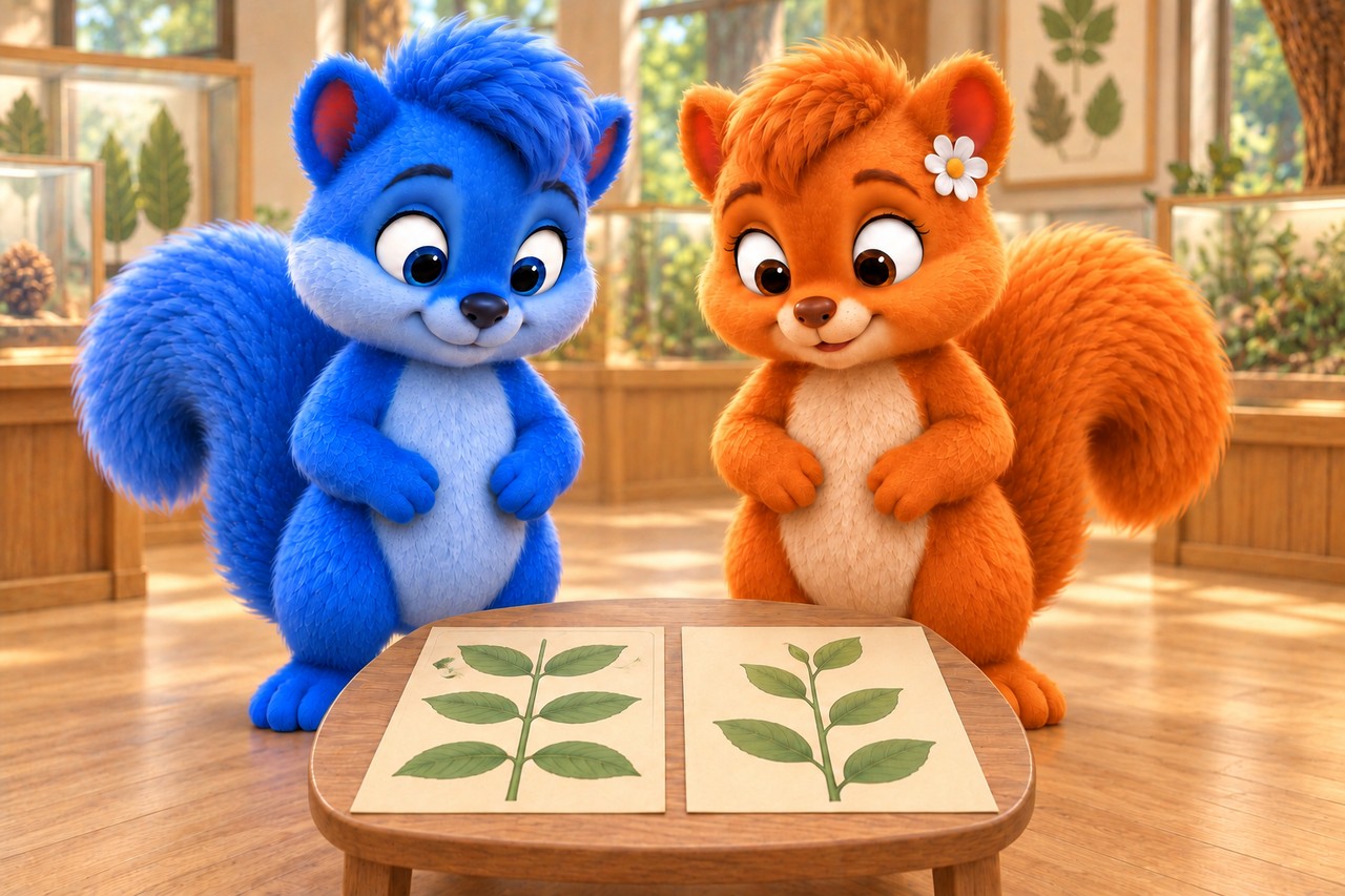 Puschel und Flauschi betrachten zwei schematische Blattzeichnungen auf Lehrkarten im Naturmuseum.