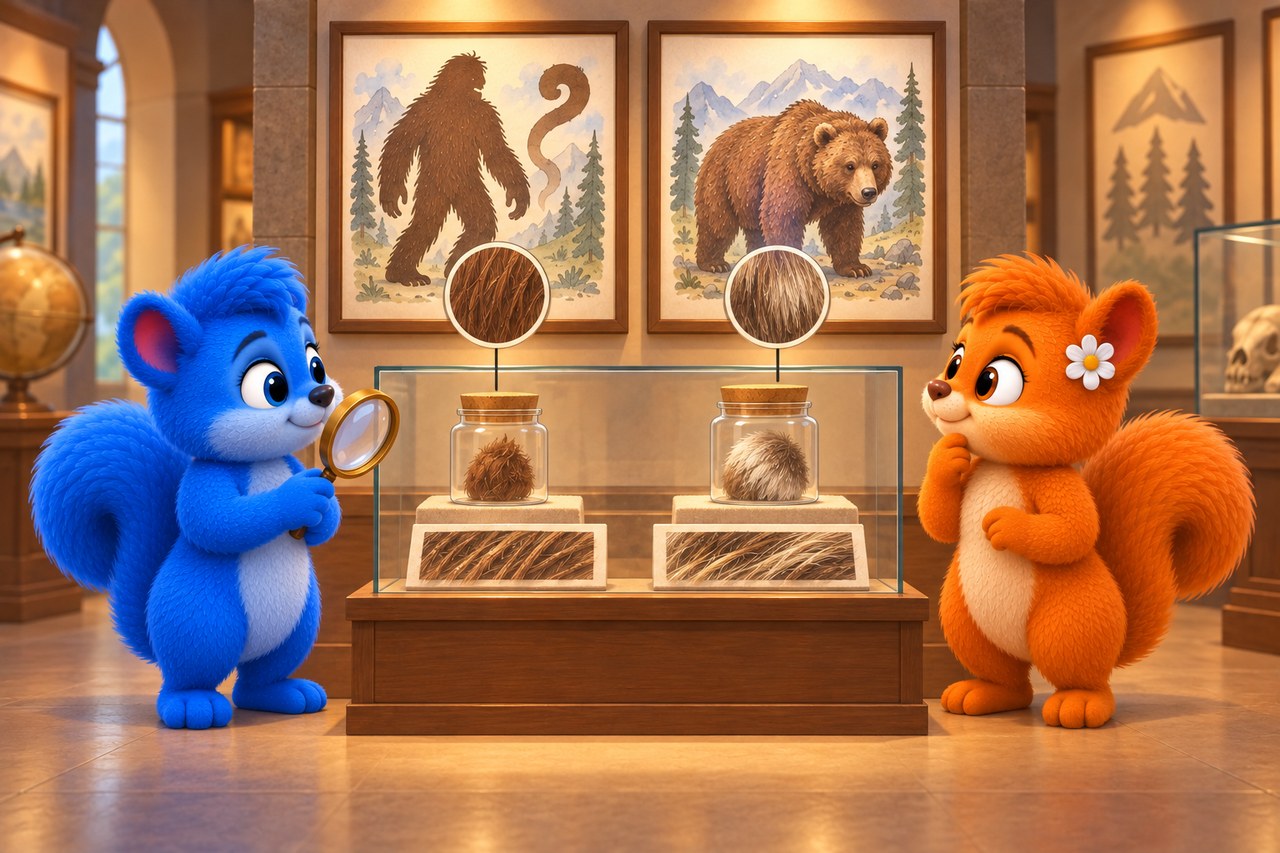Puschel und Flauschi im Museum. Museumsvergleich zwischen einer Wesenbehauptung, Haarproben und einem bekannten Bären.