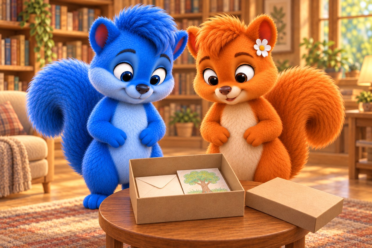 Puschel und Flauschi schauen in eine offene Papierbox mit einem Umschlag und einer Baumzeichnung; der Deckel liegt daneben.