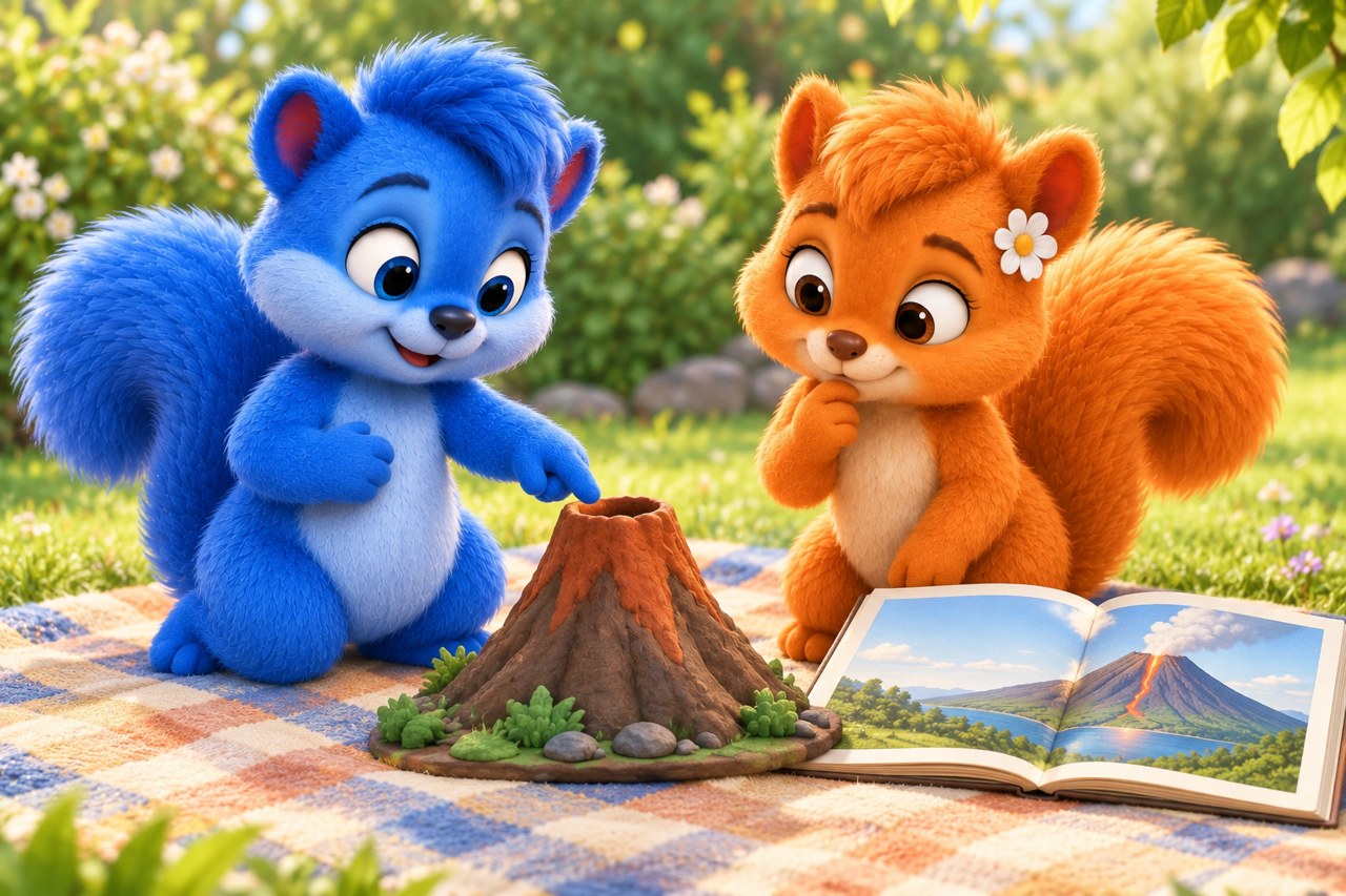 Puschel und Flauschi betrachten einen kalten kleinen Vulkan als Anschauungsmodell im Garten.