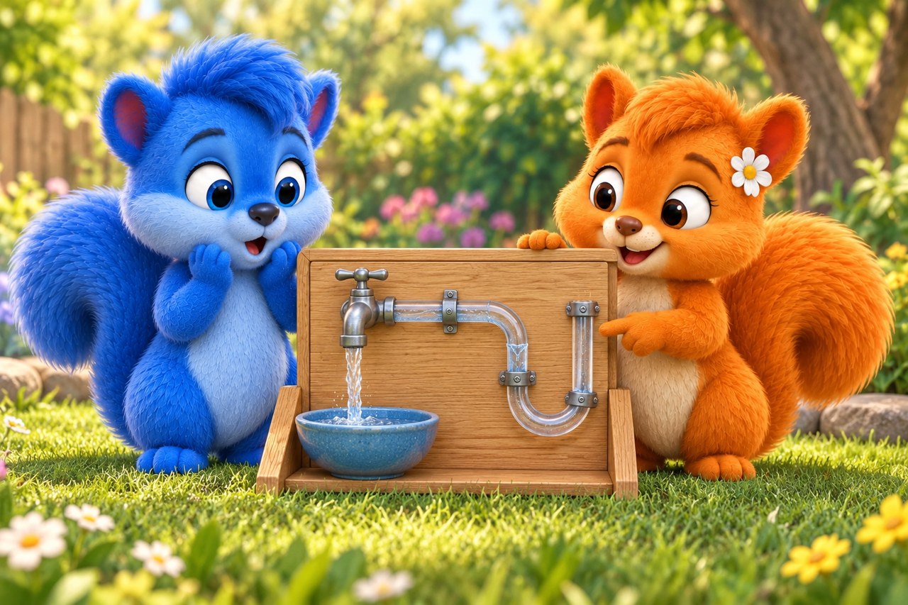 Puschel und Flauschi betrachten draußen einen Wasserhahn mit sichtbarer Leitung an einem kleinen Anschauungsmodell.