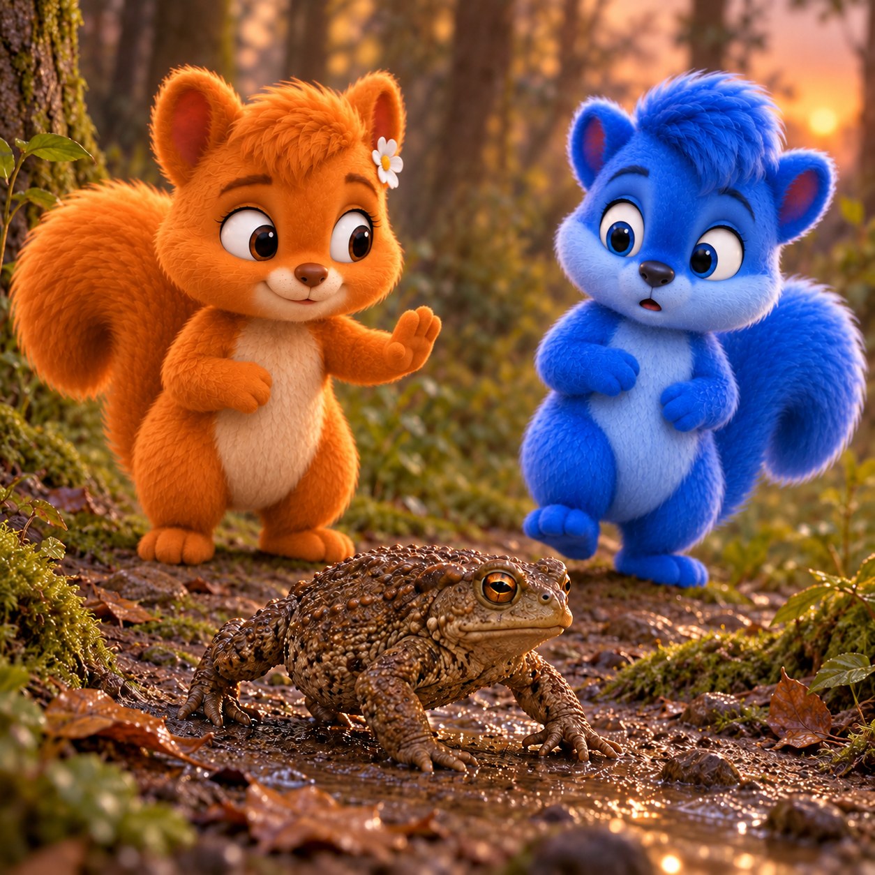 Puschel und Flauschi lassen einer braunen Erdkröte auf einem Waldweg Platz.