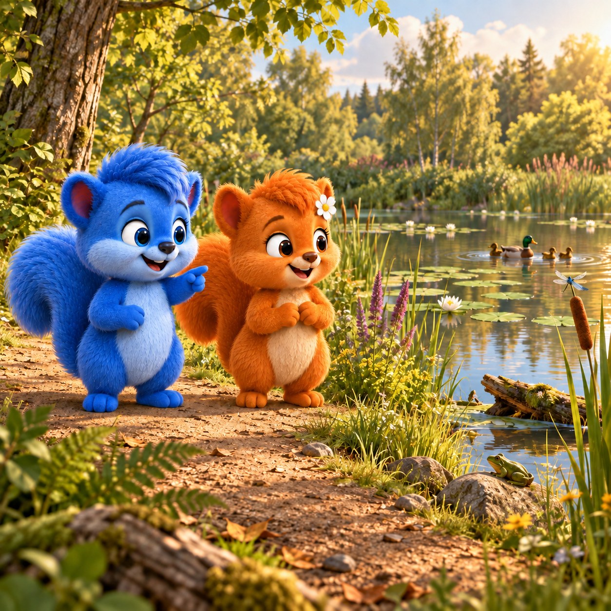 Puschel und Flauschi betrachten vom trockenen Weg einen bepflanzten Teich.