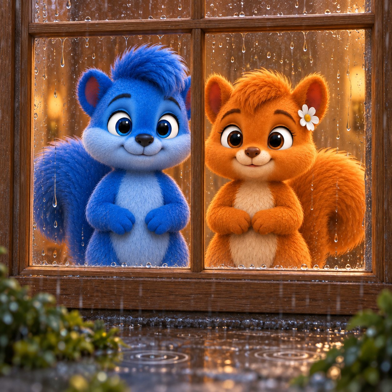 Puschel und Flauschi schauen durch ein geschlossenes Fenster auf Regen und eine Pfütze.