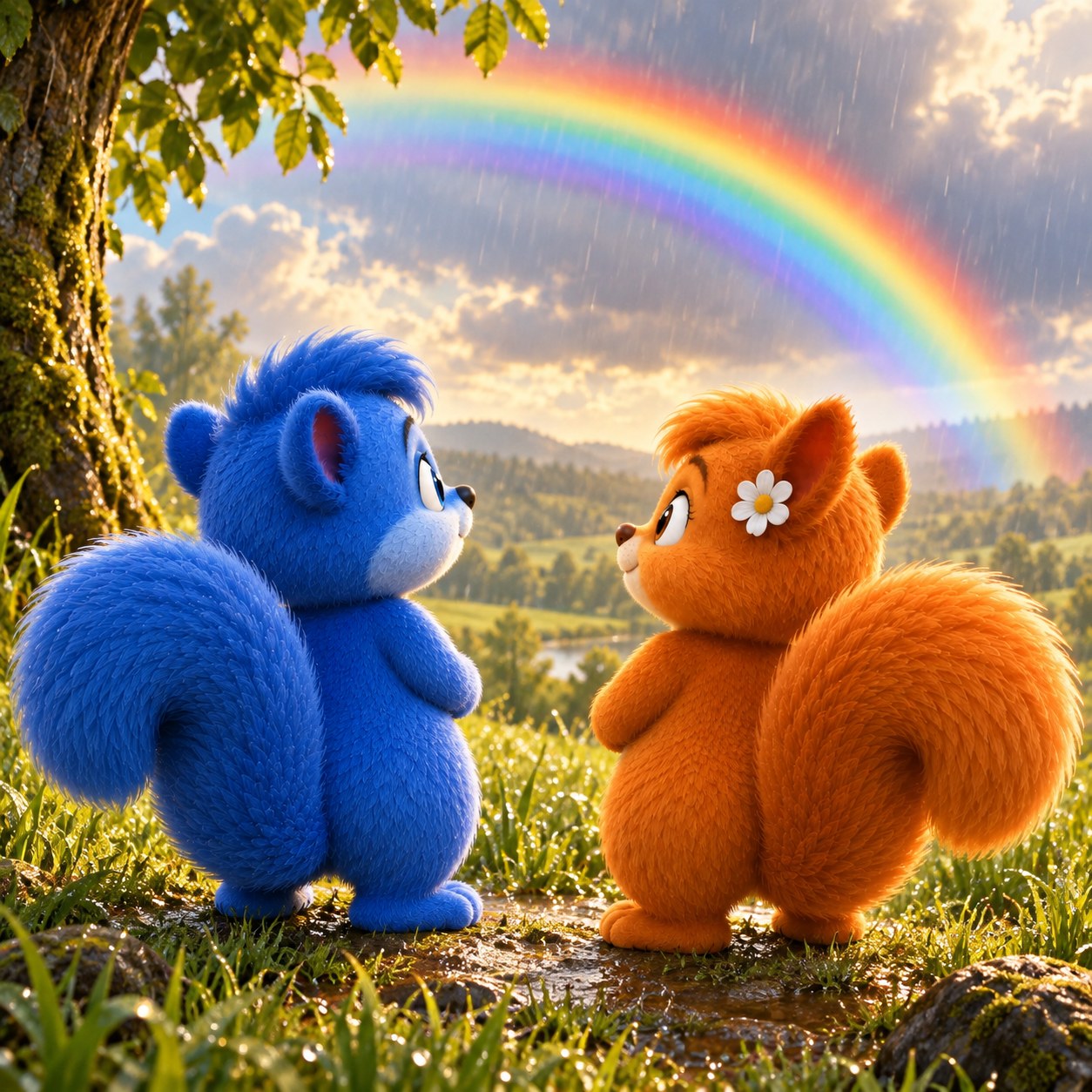 Die Wusels betrachten einen Regenbogen über einer Wiese nach einem Schauer.