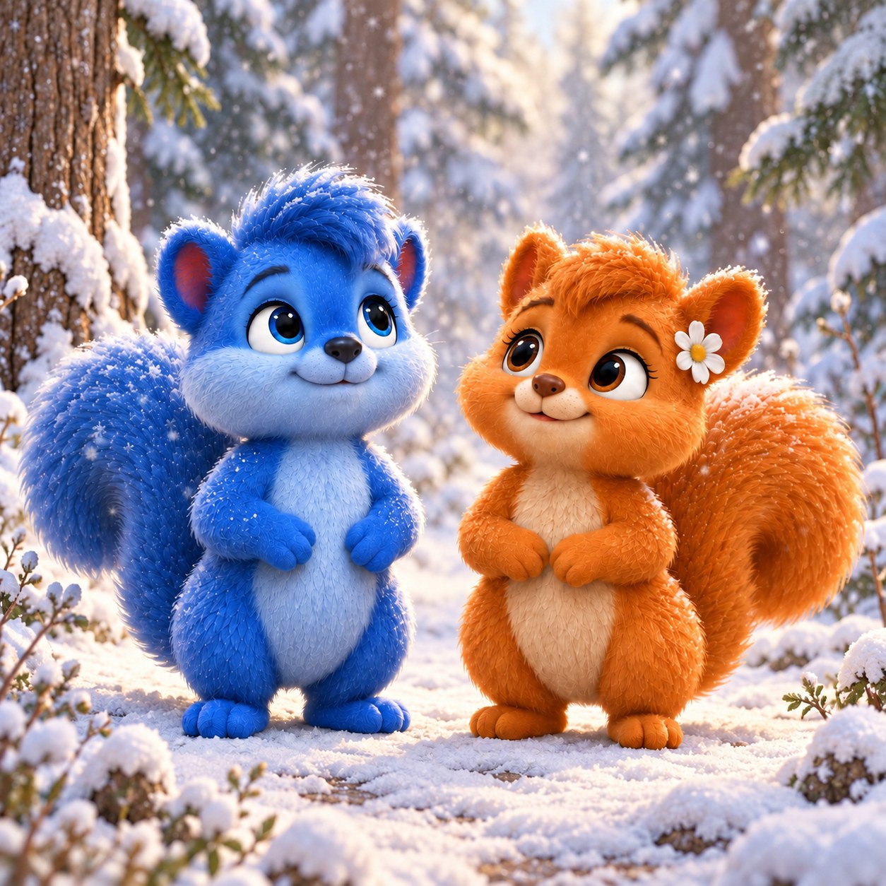 Puschel und Flauschi beobachten leichten Schneefall auf einem ebenen Waldweg.