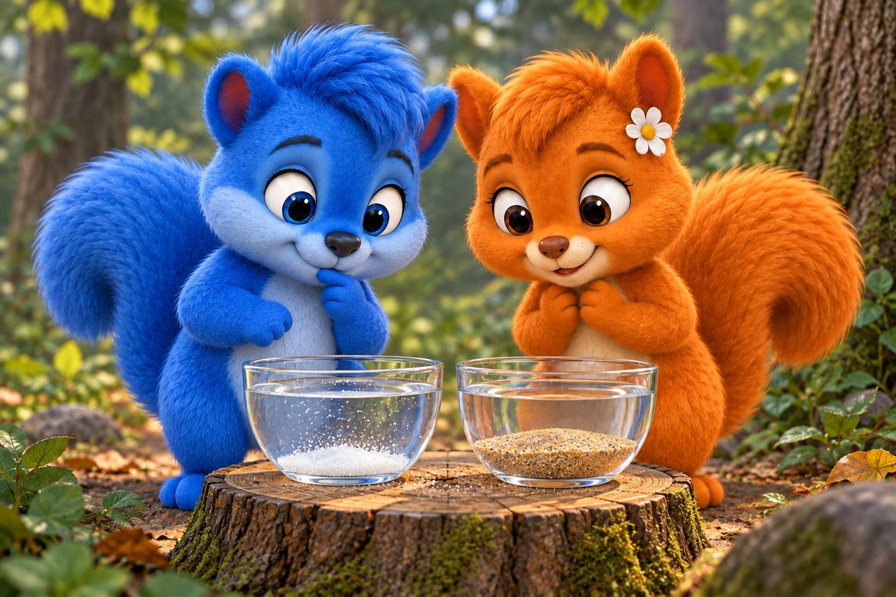 Die Wusels vergleichen zwei klare Schalen mit Wasser, eine mit Zucker und eine mit Sand.