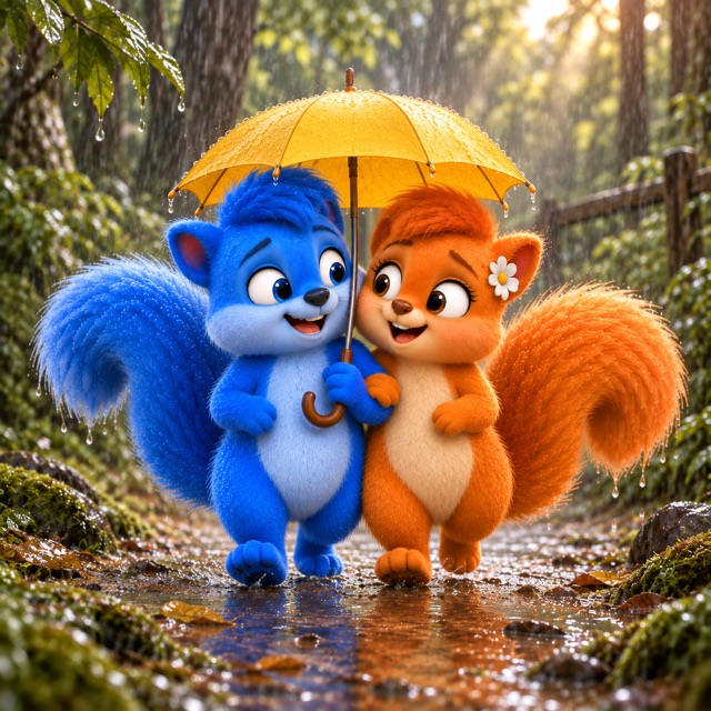 Puschel und Flauschi gehen eng beieinander lachend unter demselben gelben Regenschirm über den Waldweg