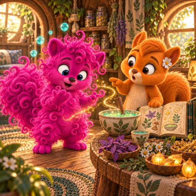 Puschels magentafarbenes Fell und sein Schweif kringeln sich in wilden Locken, während türkisfarbene Blasen verschwinden und Flauschi erstaunt auf ihn zeigt