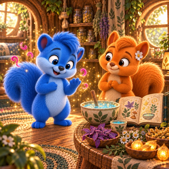 Puschel steht wieder mit seinem normalen blauen Fell neben Flauschi, während sich die letzten magentafarbenen Locken in goldenen Funken auflösen