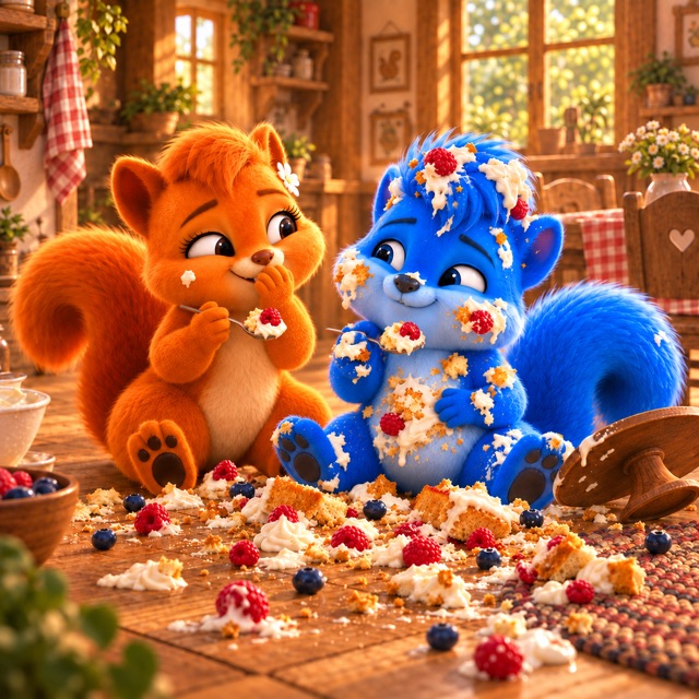 Puschel und Flauschi sitzen kichernd mit je einem Löffel zwischen den Tortenstücken, während die leere Holzplatte neben ihnen liegt