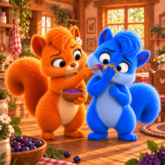 Flauschi und Puschel stehen gleich groß nebeneinander, während Flauschi violette Wuselbeerenpaste um die festgeklebte Pfote streicht