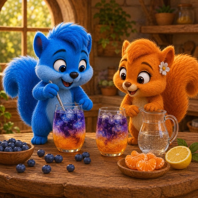 Puschel und Flauschi bereiten einen bunten alkoholfreien Fruchtsprudel zu