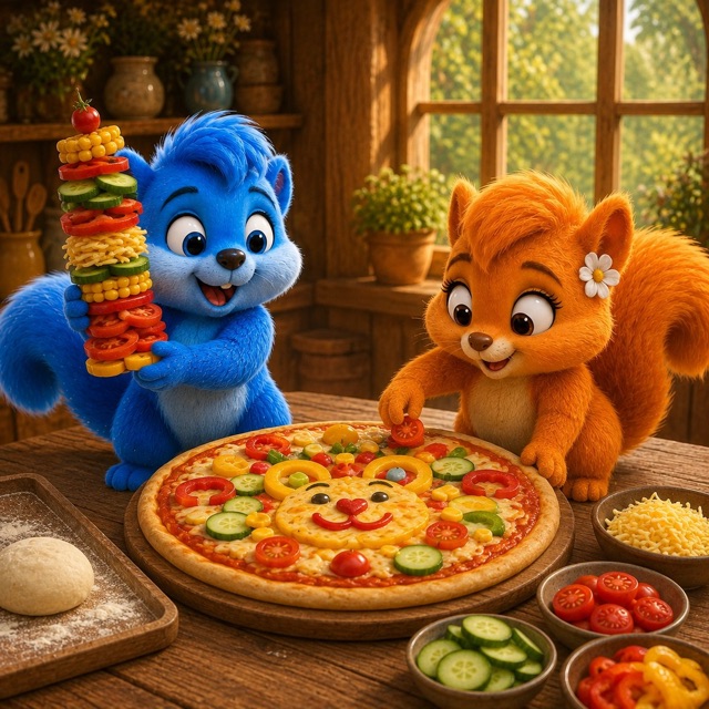 Puschel trägt einen hohen Stapel Gemüsebelag, während Flauschi eine bunte Wuselpizza belegt