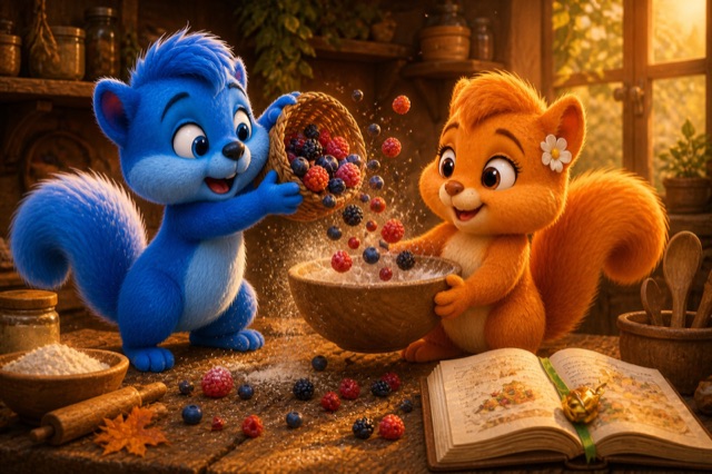 Puschel schüttet Beeren in die von Flauschi gehaltene Rührschüssel