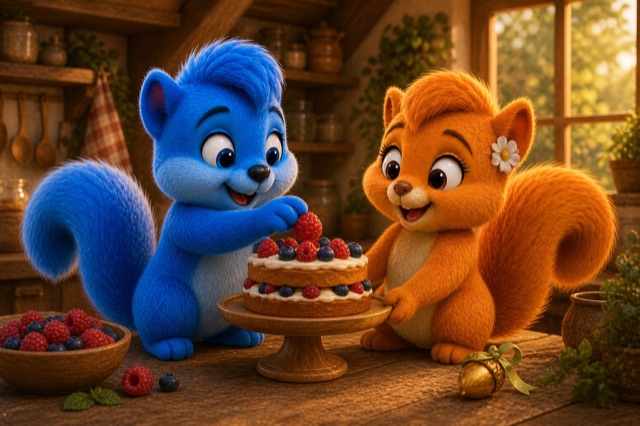 Puschel und Flauschi verzieren gemeinsam eine Beerentorte für das Wiesenfest