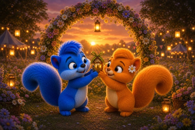 Puschel und Flauschi heben gemeinsam die goldene Eichel unter den leuchtenden Blumenbogen