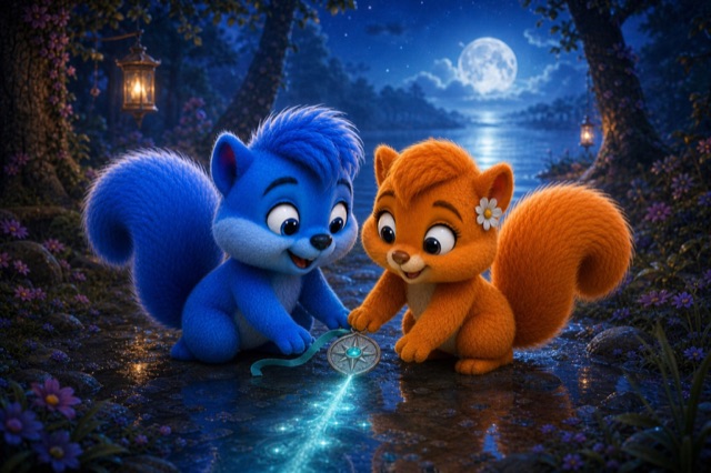 Puschel und Flauschi entdecken an einer mondhellen Waldpfütze die Lichtspur des Blattkompasses