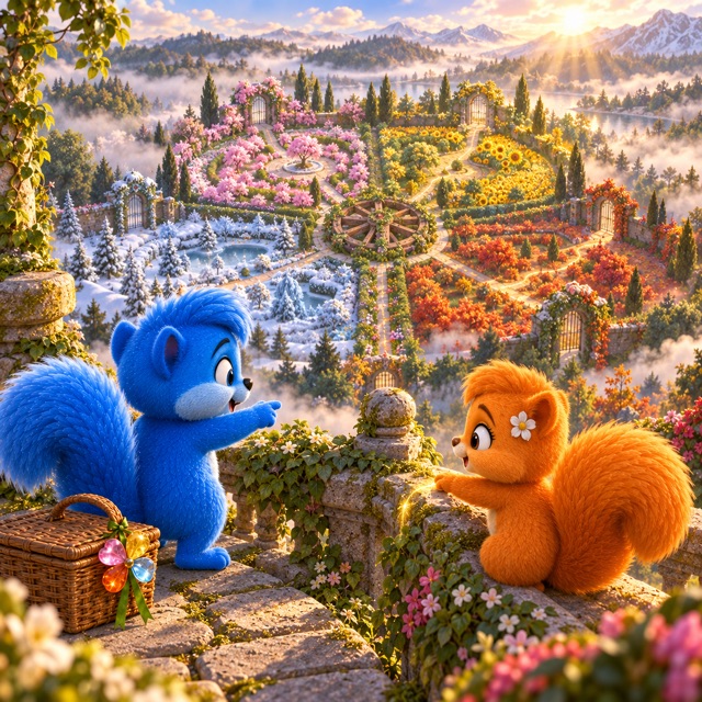 Von einer alten Aussichtsterrasse erkennen Puschel und Flauschi, dass der verwilderte Garten selbst eine riesige Karte bildet.
