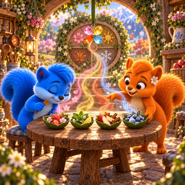 Vier kleine Gartenschalen bestätigen mit Duft und Farbe, dass Flauschi die richtige Reihenfolge für das Jahreszeitenrad gefunden hat.