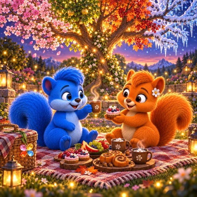 Unter dem neuen Jahreszeitenbaum feiern Puschel und Flauschi das Ende ihrer Reise mit vier kleinen Köstlichkeiten und einem großen Dankeschön.