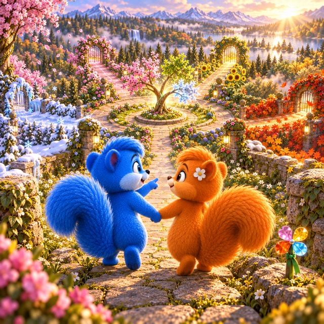Hinter vier geöffneten Toren entdecken Puschel und Flauschi Wege, die aus jeder Jahreszeit zum selben verborgenen Ort führen.