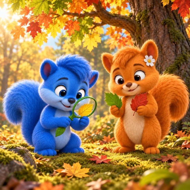 Puschel untersucht mit der grünen Blattgriff-Lupe ein gelbes Herbstblatt, während Flauschi unter einem Baum mit bunten Blättern ein grünes und ein rotes Blatt vergleicht
