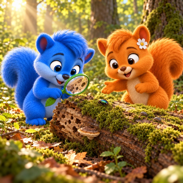 Puschel und Flauschi beobachten mit der grünen Blattgriff-Lupe Käfer, Asseln, Moos und einen Pilz an einem alten liegenden Baumstamm