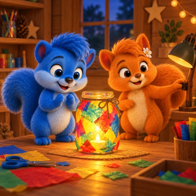 Die fertige bunte Wusellaterne leuchtet mit einem sicheren LED-Licht vor Puschel und Flauschi