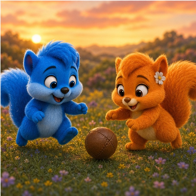 Die Wuselhörnchen spielen gemeinsam auf einer Blumenwiese