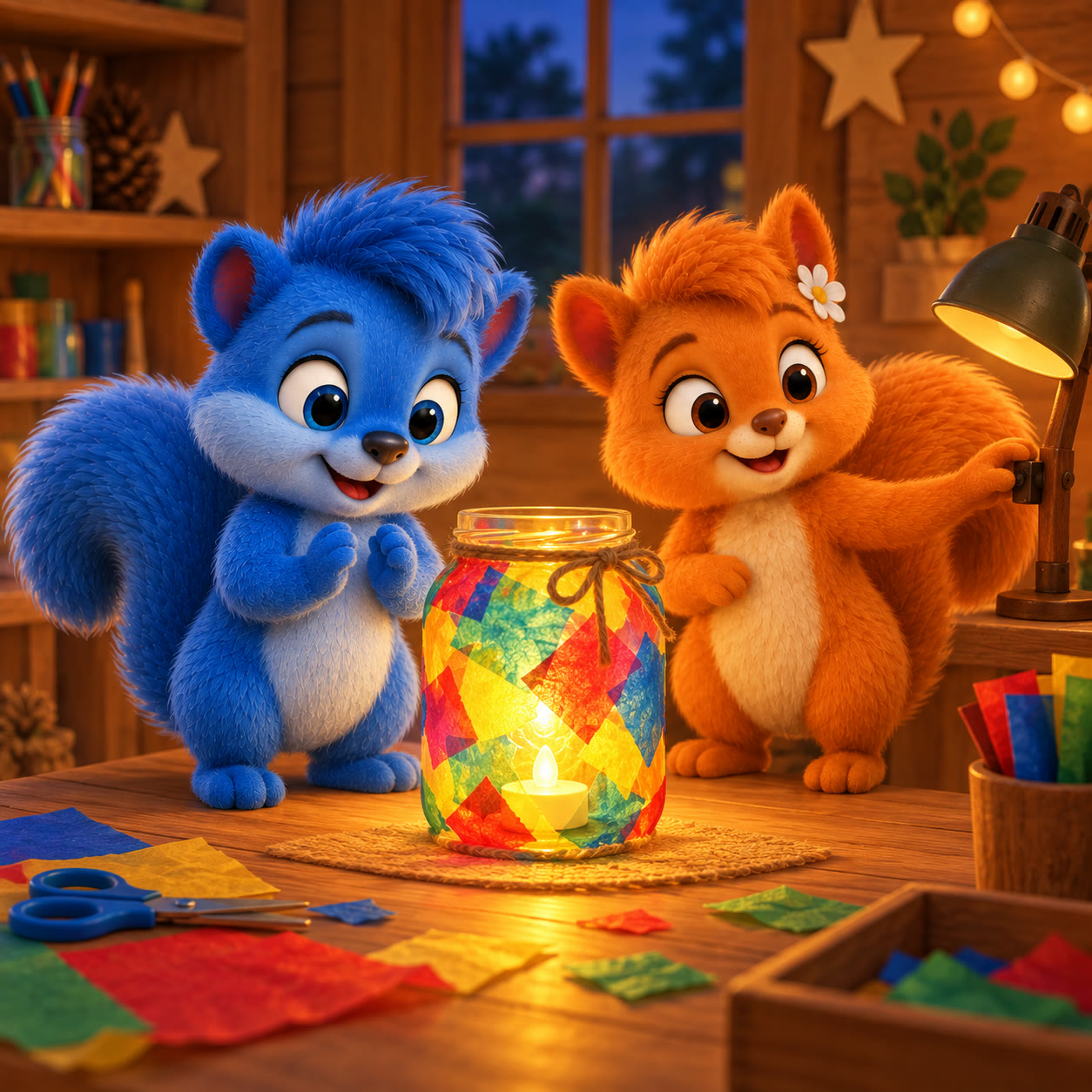Die fertige bunte Wusellaterne leuchtet mit einem sicheren LED-Licht vor Puschel und Flauschi