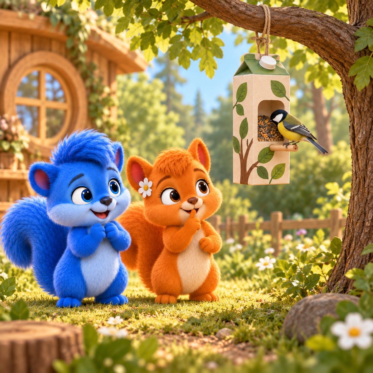 Puschel und Flauschi beobachten leise eine Kohlmeise, die auf der Sitzstange des sicher aufgehängten Futterhäuschens Körner pickt
