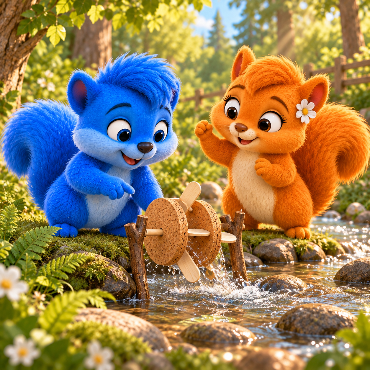 Puschel und Flauschi freuen sich, als ihr Kork-Wasserrad zwischen zwei Astgabeln im flachen Waldbach läuft