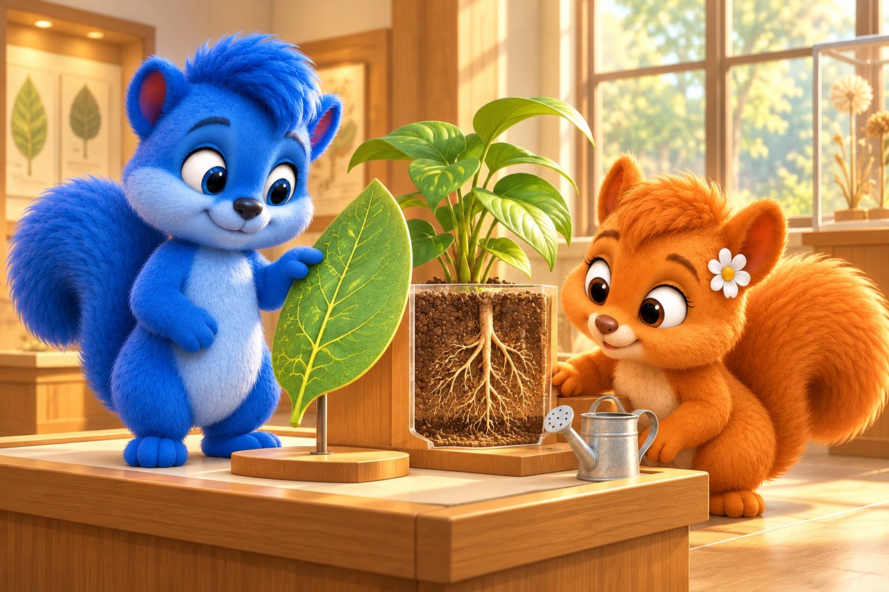 The Wusels compare a plant, leaf model and roots in the museum. Sugar and gases cannot be seen directly here; the diagram explains their routes.