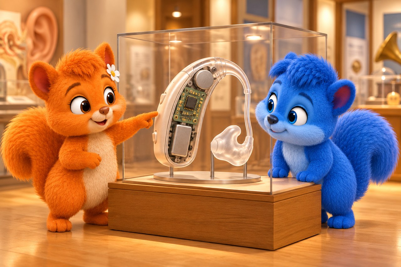 The enlarged hearing aid is a museum model. It shows microphone, electronics and sound output; real devices may look different.