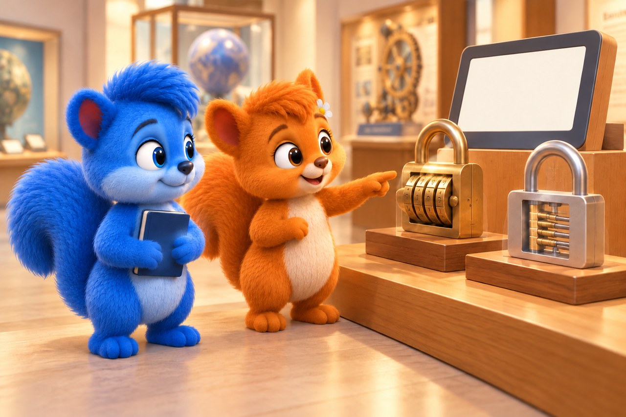 The museum locks are an analogy for account access. A password is not a visible metal key and does not automatically protect every connection.